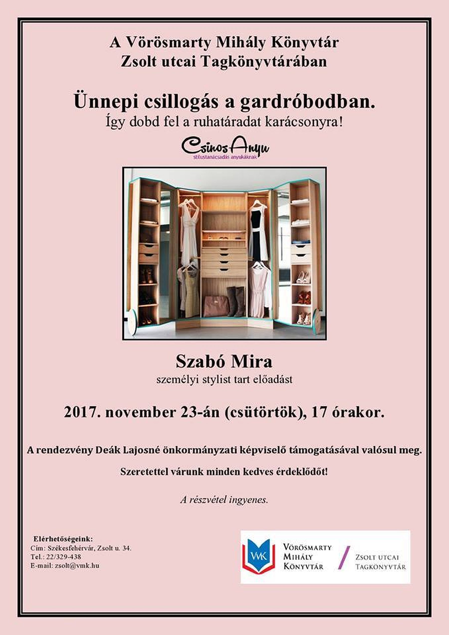 Szabó Mira személyi stylist előadása a Zsolt utcai Tagkönyvtárban csütörtökön